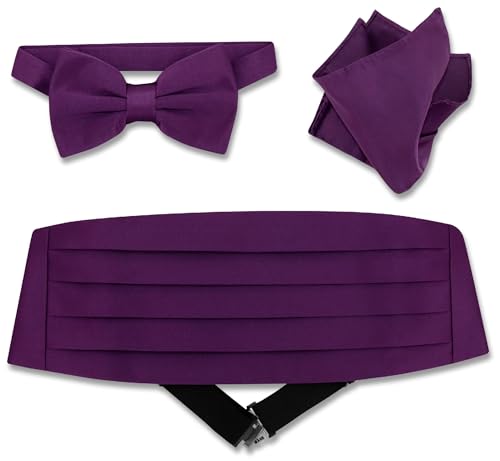 Vesuvio Napoli Cummerbund BowTie & Hanky Set - Men's Cummerbund Bow Tie Pocket Square Solid Colors (Purple)