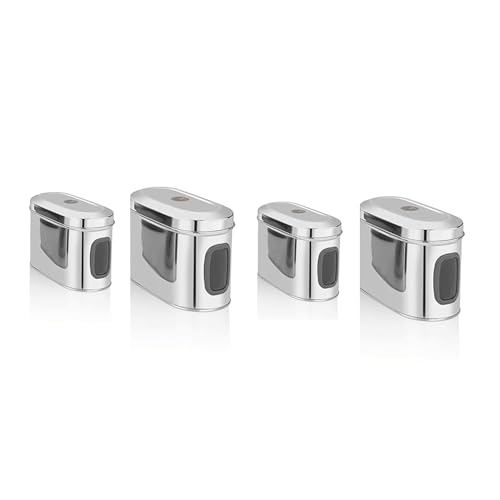 Image of Stainless Steel Capsule Food Canisters /Jars /Containers for Kitchen Storage with See Through Window - set of 4, 1350 & 1850 ml capacity, Silver