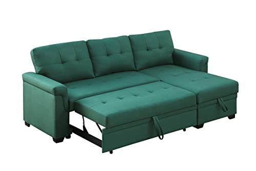 Eafurn 84'' Reversible Sectional Sofa Pull-Out Sleeper Bed, Line Fabric L-Shape 3-Seater Convertible Corner Sofa & Couches With Storage Chaise,Button Tufted Couch For Living Room, Green #TOP5