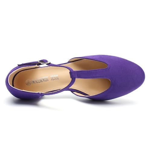 Image of MAIERNISI JESSI Women's T-Strap Mary Jane Pumps, Low Block Heel, Closed Toe, Buckle Ankle Strap
