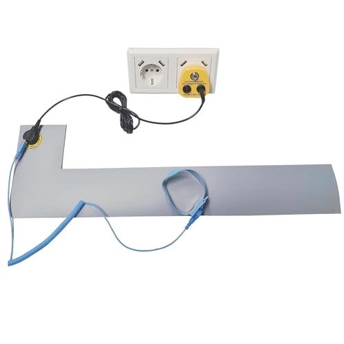 Minadax Tapis antistatique ESD professionnel 52 x 8cm + avec brassard + rallonge 2,4 m + fiche ESD - Protection ESD - Raccordement à gauche