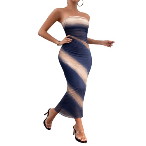 Image of LIGHT DOT Women's Summer Maxi Dress Tie Dye Strapless Tube Bodycon Side Slit Mesh Layered