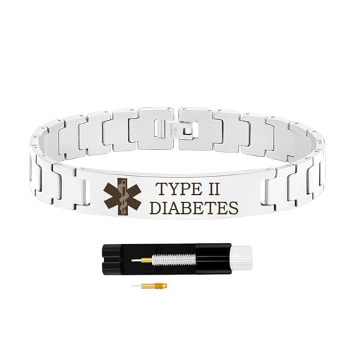 Zircobic Bracciale Diabetico Tipo II – Catena in Acciaio Inossidabile Argento Incisa, Resistente all’Acqua, Leggero e Comodo con Strumento Regolabile, Ideale per Nuoto, Palestra e Viaggi