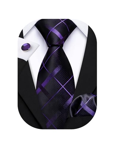Image of Barry.Wang Plaid Ties for Men Silk Necktie Handkerchief Cuff Links Set