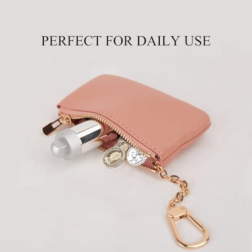 Image of Full Grain Leather Coin Purse with Key Chain - Small Change Purse Keychain Card Holder Keychain Pouch Small Keychain Wallet for Women and Men (Pink)