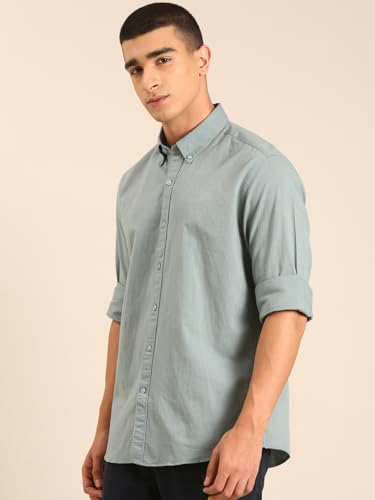 Image of Cavallo by Linen Club Men's Blended Linen Sage Solid Contemporary Fit Full Sleeve Casual Shirt