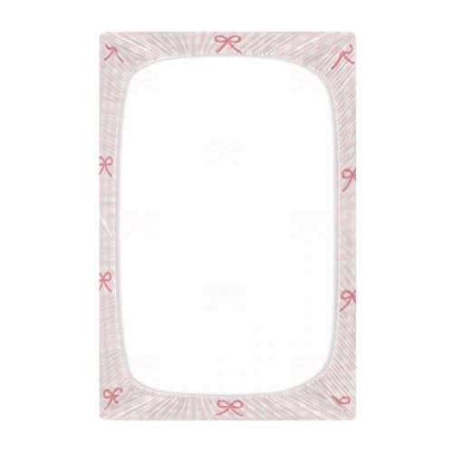 Image of Fitted Crib Sheets Pink Checkered and Bows Stretchy Portable Playard Sheets for Baby Toddler, Breathable Soft Mini Crib Mattress 39 x 27 in for Boys and Girls