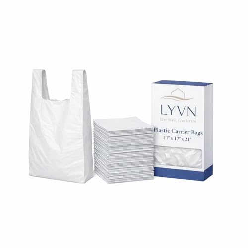 LYVN Plastic Carrier Bags Blue Heavy Duty Vest Style 11 x 17 x 21 Inches (Carry Bags Plastic Retail Carrier Bag) (100 White)