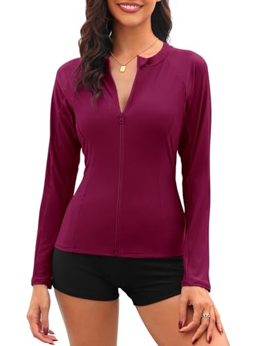 Tuopuda UV Shirt Damen Schwimmshirt Langarm Rash Guard mit Zip UPF 50+ UV Schutz Rashguards Badeshirt Langarmshirts Sportshirt für Wasser Strand Surfen Schwimmen S-XXL, Weinrot, L Tuopuda UV Shirt Damen Schwimmshirt Langarm Rash Guard mit Zip UPF 50+ UV Schutz Rashguards Badeshirt Langarmshirts Sportshirt für Wasser Strand Surfen Schwimmen S-XXL, Weinrot, L