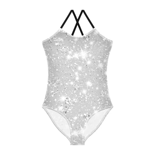 KLL Sliver Glitter Texture Silver Sparkle Girls' 1 Piece Swimsuits Beach Swimming Suits Adjustable Strap Quick-Dry