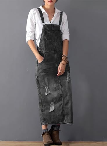 Image of loveimgs Women Distressed Denim Overall Dress Bib Long Jean Jumper Ripped Adjustable Straps Patchwork Pinafore Dress