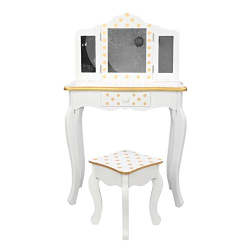AUTOKOLA Home Three Fold Mirror Single Drawing Curved Foot Children Dressing Table Yellow Dots 3-7 Days Delivery