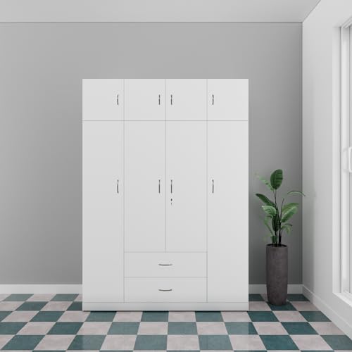 Image of VIKI Wardrobe | Wooden Almirah for Clothes,Door for Bedroom with Loft, 4 Door Wardrobe with Drawer & Hanging Space (Frosty White - 40D x 160W x 220H) | 1 Year Warranty | Free Assembly