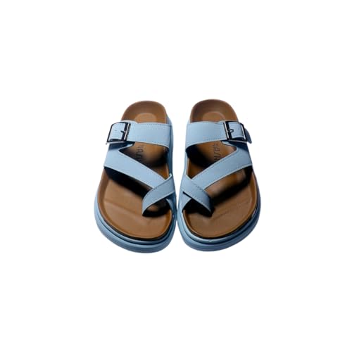 Image of Womens Comfort Buckle Sandals Slip-On Flat Casual Slides with Double Strap & Soft Footbed | Stylish Summer Footwear for Ladies