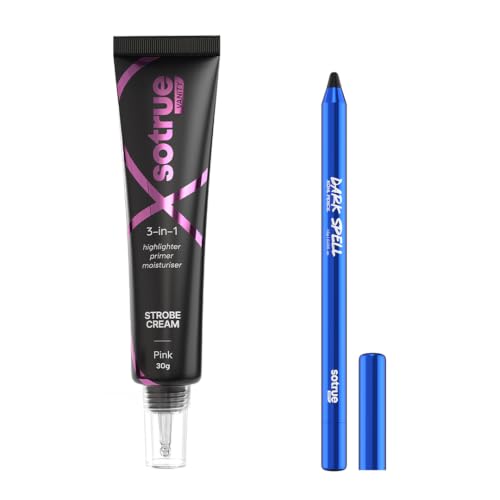 Image of Sotrue Dark Spell Kohl Kajal + Pink Radiance Multipurpose Strobe Cream Combo | 24H Smudgeproof Kajal, Instant Pink Glow | Waterproof Eye Makeup & Hydrating Primer, Highlighter Duo