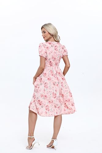 Image of Women's 2026 Summer Boho Floral Midi Dress Casual Square Neck Puff Sleeve A Line Dresses with Pockets