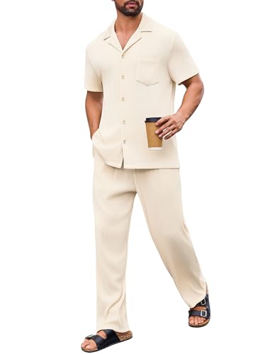 Mens Two Piece Summer Outfit Short Sleeve Ribbed Shirt and Pants with Pockets Loungewear Beachwear Sleepwear