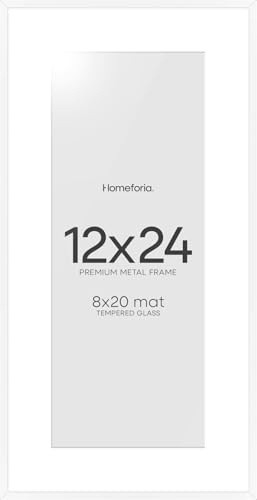 Image of Homeforia 12x24 Picture Frame White, High End Metal 12x24 Poster Frames with Mat 8x20 inch Photo, 12 x 24 White Frames Matted to 8 by 20 Print, 24x12 Panoramic Frames, Tempered Glass, Wall Kit, Set of 1