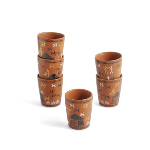Image of ExclusiveLane 'Warli Village Tales' Handcrafted Ceramic Cutting Chai Glasses Set of 6 Tea Glasses Tea Cups Coffee Mug (100 ML, Microwave Safe)