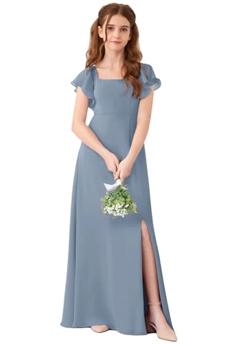 Short Sleeves Junior Bridesmaid Dresses for Girls Formal Party Flower Girl Dress Long with Low Slit Dusty Blue 16