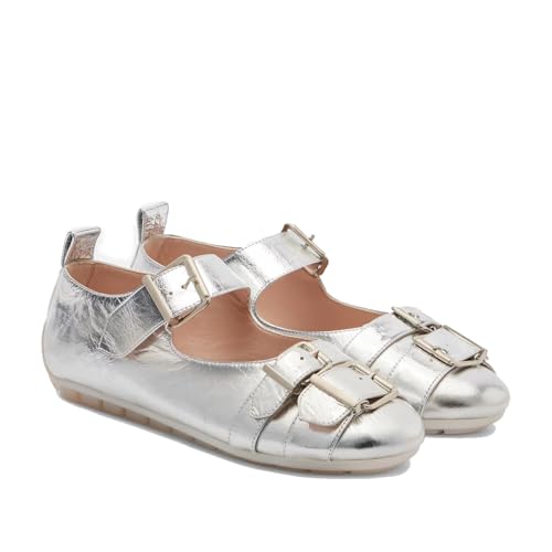 Women's Leather Ballet Flats with Buckle Strap Round Toe Mary Jane Shoes Comfortable Casual Ballerina Shoes