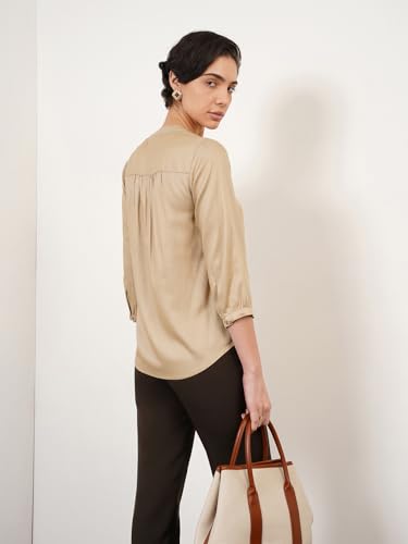 Image of FableStreet Women Formal & Casual Top | V-Neckline with Gathered Back Detail & Three-Quarter Sleeves | Premium Satin Fabric for Office Wear & Sophisticated Outings
