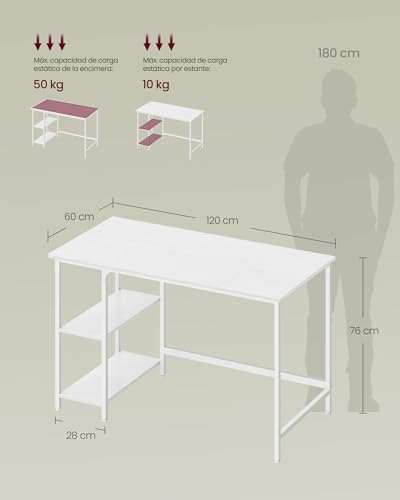 Miniatura 3 de Vasagle Escritorio, Mesa De Ordenador, Con 2 Estante A La Izquierda O A La Derecha, Para Oficina, Dormitorio, Estructura De Acero, Moderno, Blanco Arce Lwd047w44