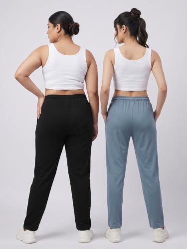 Image of Fflirtygo Cotton Solid Track Pant /Lounge Wear /Pocket Payjama �100% Export Quality Soft Cotton Night Wear /Pocket Pyjama for Women Combo Pack, Black & Blue Pyjama