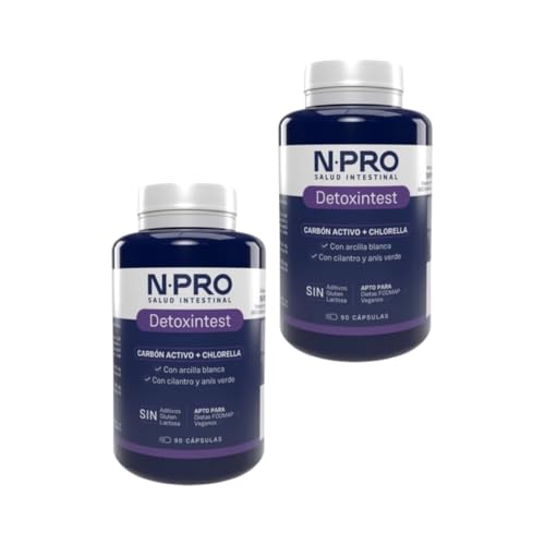 NPro Detoxintest - Pack Ahorro 2 x 90 Cápsulas Digestivas - Con Carbón Vegetal Activado, Chlorella y Cilantro - Para Limpieza Intestinal y Reducción de Gases