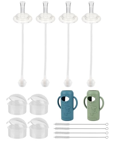 Straw Cup Conversion Kit with Silicone Sleeves for Dr. Browns Narrow Glass Baby Bottle 8oz Weighted Straw Replacement Kit with Soft Straw Top and Handle 6m+ Set of 4