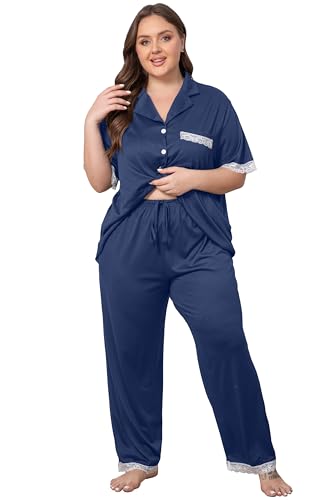 Image of Vozanet Women Short Sleeve Long Pants Pajama Sets Lace Trim Button Down Sleepwear Plus Size Knit Loungewear Sexy Nighty