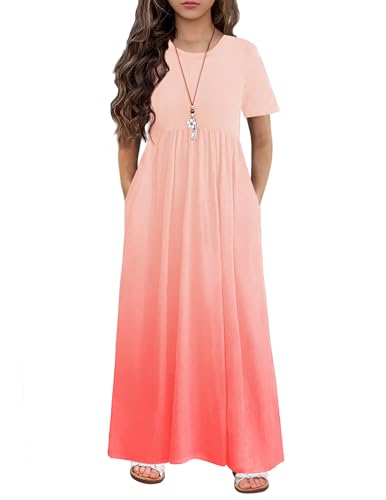 Image of Arshiner Girls Maxi Dress Long /Short Sleeve Casual Holiday Dress with Pockets for 5-13 Years