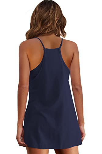 Image of Panadila Womens Summer Sleeveless Mini Dress V Neck Spaghetti Strap Sundress Athletic Short Dress with Pockets