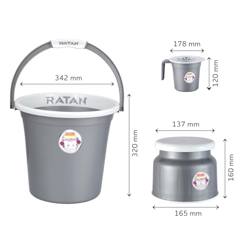 Image of RATAN PLASTICWARE Plastic Bathroom Set of 5 Pieces Combo Pack Gloria Plain,18 Liters 2 Pieces Bucket + Nova Stool Patla 107 + Two Gloria Plain Bath Mug 1 Liter- NIR Silver