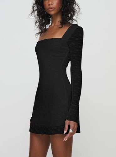 ZAFUL Long Sleeve Mini Dresses for Women 2025 Fall Square Neck Textured Lined Slim Fitted Wedding Guest Dress for Club Party2