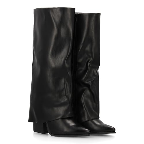 shoes&blues.es 96190 Bota Alta de Tacon para Mujer con Diseno Moderno con Acabado Efecto Arrugado, Elegante con Punta Fina y Tacon Ancho bajo. Ideal para Temporada Otono Invierno. Negro Talla 40
