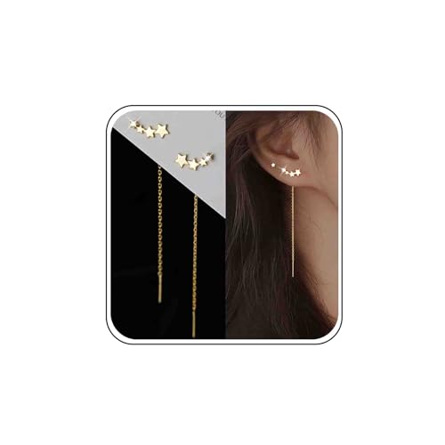 Atentuyi Pendientes De Oro Cz Estrella Con Enhebrador De Cadena Larga - Escalador Y Colgante De Cristal - Joyas Para Mujeres Y Niñas
