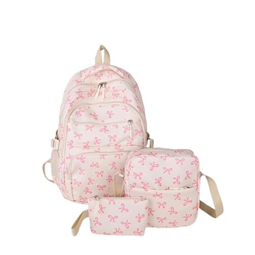 3Pcs Set Bow Backpack for Girls, Cute Kawaii Large Capacity Nylon Rucksack With Bow Pattern for preppy (White Pink)
