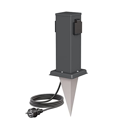ledscom.de Polly Pilar de Toma de jardín con piqueta de Tierra y Cable de 2m para Exteriores, IP44, 2 contactos, Antracita, Angular, 27cm
