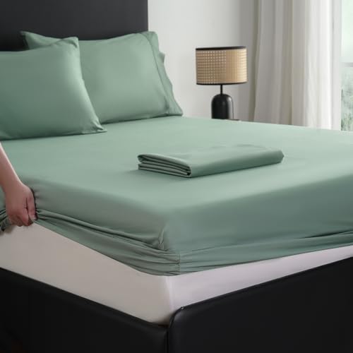 MEISHANG Extra Deep Pocket Queen Sheets Cotton - 1000 Thread Count Sheets Queen - Fits 18"-24" in Deep Mattress,100% Egyptian Cotton,Sateen Weave, Soft & Breathable - 4 Piece (Queen, Sage Green)