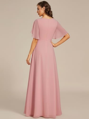 Image of Ever-Pretty Women's Spring Short Sleeve Bridesmaid Dresses V-Neck Chiffon Ruched Empire Waist Appliques Long Formal Dress