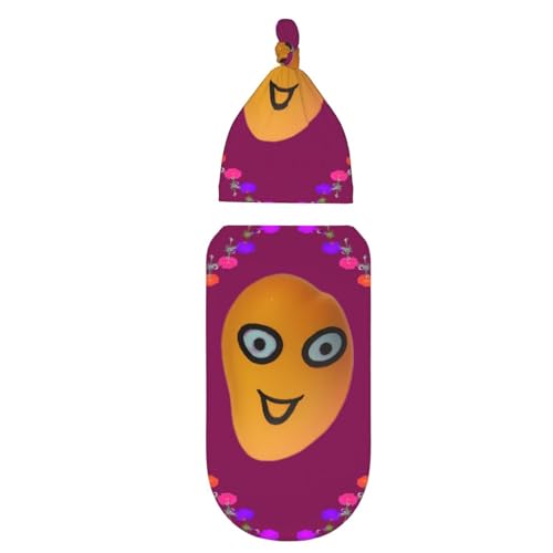 Smiley Mango Print Newborn Swaddle Blanket with Beanie Set, Soft Baby Sleep Sack Receiving Wraps, for Boy Girl