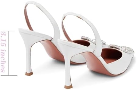 Vertundy Women's Slingback Rhinestone Heels-Pointed Toe Satin Crystal Stiletto Wedding Bride Pump Shoes Size 7 White | Image 2