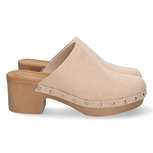 shoes&blues.es 72709-Sandalia de Tacon para Mujer, Comoda, Material de Imitacion a Madera, con Pala Cerrada, Remaches, y Talon Abierto. Talla 36 Beige