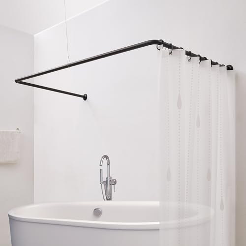 Crkmire Duschvorhangstange U Form Duschstange 88x93.5x88 cm | Eckduschstange aus Stahl Matt Schwarz | Inkl. Deckenstütze & 12 Haken | Montageset