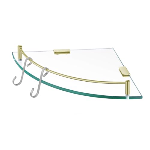 KES Estante de Esquina de Cristal para baño de Ducha de Vidrio Templado con riel Sus 304 Estanteria Baño Estantería de Cristal Pared Acero Inoxidable latón Cepillado, BGS2101A BZ