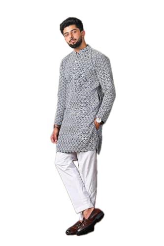 Image of LookMark Men's Printed Silk Blend Kurta with Mandarin Collar, Full Sleeves, Straight Fit Traditional Ethnic Wear