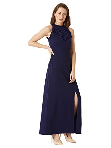 Image of Miss Chase Women's Designer Wine Red Fringed Halter Neck Sleeveless Solid Maxi Front Slit Dress