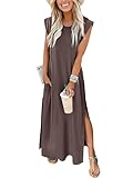 ANRABESS Summer Dress for Women 2025 Maxi Sundresses Casual Cap Sleeve Crew Neck Loose Split Beach Travel Vacation Outfits Coffee Large