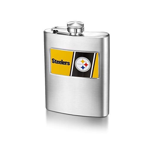 NFL Pittsburgh Steelers 8-ounce Matte Finished Stainless Steel Hip Flask with Rectangular Team Emblem and Funnel